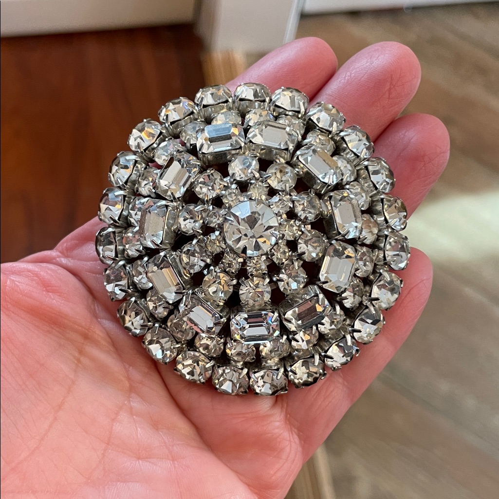 Vtg Clear Rhinestone Round Cluster Brooch - Silver Tone (8)